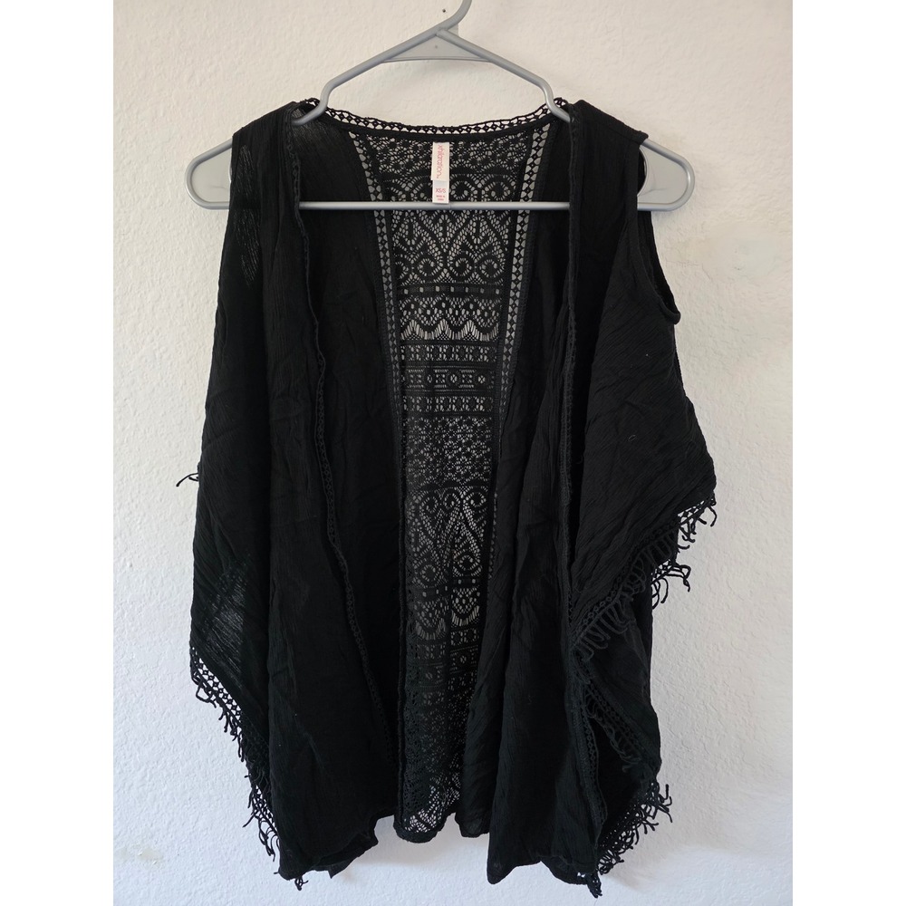 Xhilaration Black Crochet Lace Back Kimono Vest Tassel Fringe XS/S